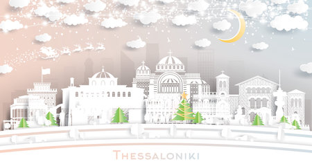 Thessaloniki Greece. Winter City Skyline in Paper Cut Style with Snowflakes, Moon and Neon Garland. Christmas and New Year Concept. Santa Claus on Sleigh. Thessaloniki Cityscape with Landmarks.のイラスト素材