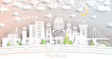 Patras Greece. Winter City Skyline in Paper Cut Style with Snowflakes, Moon and Neon Garland. Christmas and New Year Concept. Santa Claus on Sleigh. Patras Cityscape with Landmarks.のイラスト素材