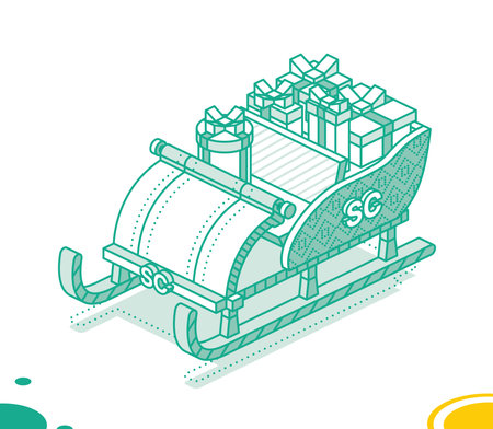 Isometric Christmas Open Sleigh with Bunch Gift Boxes. outline concept. vector illustration. Merry Christmas and Happy New Year Design Element.のイラスト素材