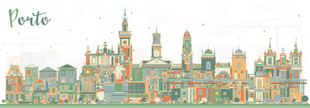 Porto Portugal City Skyline with Color Buildings. vector illustration. Porto Cityscape with Landmarks. Business Travel and Tourism Concept with Historic Architecture.のイラスト素材