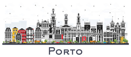 Porto Portugal City Skyline with Color Buildings Isolated on White. vector illustration. Porto Cityscape with Landmarks. Business Travel and Tourism Concept with Historic Architecture.のイラスト素材