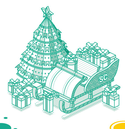 Isometric Open Sleigh with Bunch Gift Boxes and Christmas Tree. outline concept. vector illustration. Merry Christmas and Happy New Year Design Element.のイラスト素材