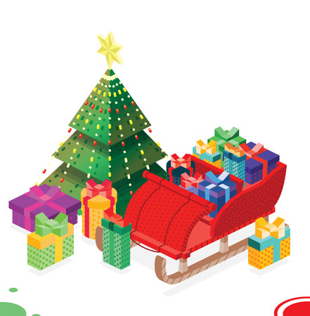 Isometric Open Sleigh with Bunch Gift Boxes and Christmas Tree. holiday concept. vector illustration. Merry Christmas and Happy New Year Design Element.のイラスト素材