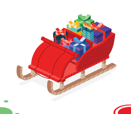 Isometric Christmas Open Sleigh with Bunch Gift Boxes. holiday concept. vector illustration. Merry Christmas and Happy New Year Design Element.のイラスト素材