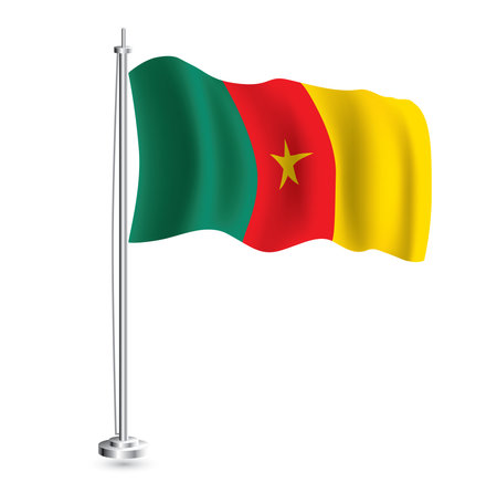Cameroon Flag. Isolated Realistic Wave Flag of Cameroon Country on Flagpole. vector illustration.のイラスト素材