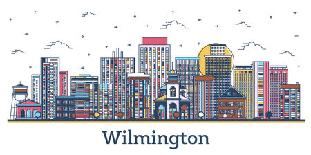 Outline Wilmington Delaware USA City Skyline with Colored Historic Buildings Isolated on White. vector illustration. Wilmington Cityscape with Landmarks.のイラスト素材