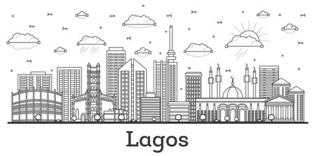 Outline Lagos Nigeria City Skyline with Modern Buildings Isolated on White. vector illustration. Lagos Cityscape with Landmarks.のイラスト素材