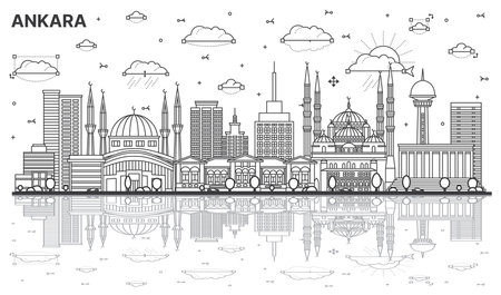 Outline Ankara Turkey City Skyline with Historic Buildings and Reflections Isolated on White. vector illustration. Ankara Cityscape with Landmarks.のイラスト素材
