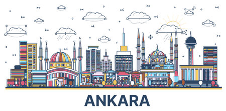 Outline Ankara Turkey City Skyline with Historic Colored Buildings Isolated on White. vector illustration. Ankara Cityscape with Landmarks.のイラスト素材