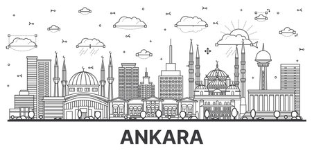 Outline Ankara Turkey City Skyline with Historic Buildings Isolated on White. vector illustration. Ankara Cityscape with Landmarks.のイラスト素材