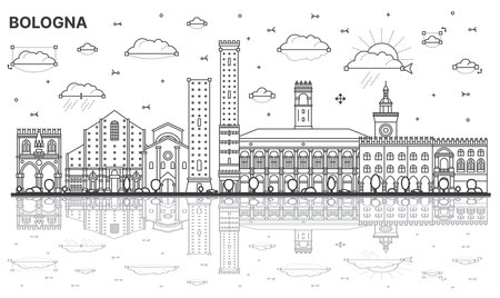 Outline Bologna Italy City Skyline with Historic Buildings and Reflections Isolated on White. vector illustration. Bologna Cityscape with Landmarks.のイラスト素材