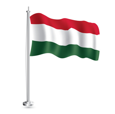 Hungarian Flag. Isolated Realistic Wave Flag of Hungary Country on Flagpole. vector illustration.のイラスト素材