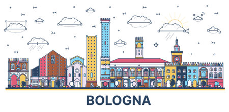 Outline Bologna Italy City Skyline with Colored Historic Buildings Isolated on White. vector illustration. Bologna Cityscape with Landmarks.のイラスト素材
