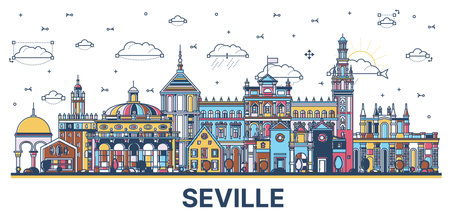 Outline Seville Spain City Skyline with Colored Historic Buildings Isolated on White. vector illustration. Seville Cityscape with Landmarks.のイラスト素材