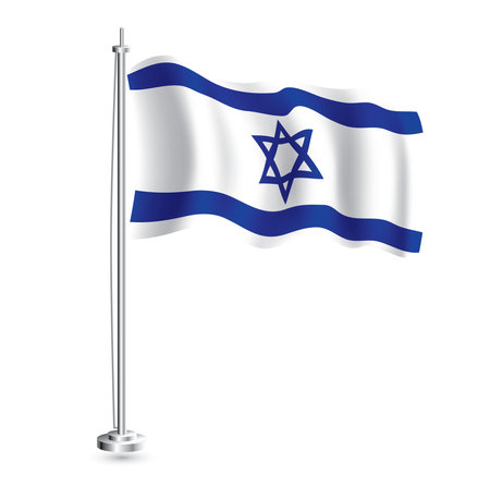 Israel Flag. Isolated Realistic Wave Flag of Israel Country on Flagpole. vector illustration.のイラスト素材