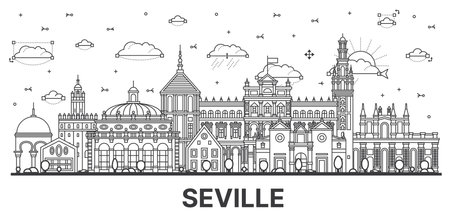 Outline Seville Spain City Skyline with Historic Buildings Isolated on White. vector illustration. Seville Cityscape with Landmarks.のイラスト素材