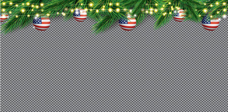 Christmas Border with Fir Branches and Balls with USA Flag. Neon Garland with Yellow Lights. vector illustration. Merry Christmas and Happy New Year.のイラスト素材