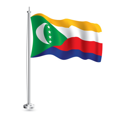 Comoros Flag. Isolated Realistic Wave Flag of Comoros Country on Flagpole. vector illustration.のイラスト素材