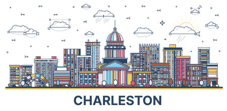 Outline Charleston West Virginia USA City Skyline with Modern Colored Buildings Isolated on White. vector illustration. Charleston Cityscape with Landmarks.のイラスト素材
