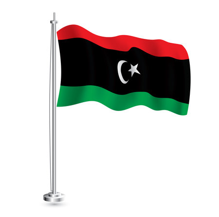 Libyan Flag. Isolated Realistic Wave Flag of Libya Country on Flagpole. vector illustration.のイラスト素材