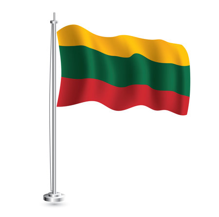 Lithuanian Flag. Isolated Realistic Wave Flag of Lithuania Country on Flagpole. vector illustration.のイラスト素材