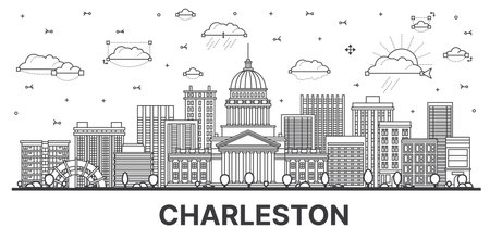 Outline Charleston West Virginia USA City Skyline with Modern Buildings Isolated on White. vector illustration. Charleston Cityscape with Landmarks.のイラスト素材