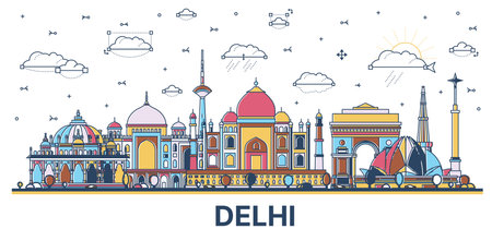 Outline Delhi India City Skyline with Colored Historic Buildings Isolated on White. vector illustration. Delhi Cityscape with Landmarks.のイラスト素材
