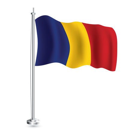 Romanian Flag. Isolated Realistic Wave Flag of Romania Country on Flagpole. vector illustration.のイラスト素材