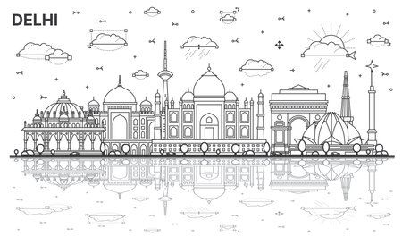 Outline Delhi India City Skyline with Historic Buildings and Reflections Isolated on White. vector illustration. Delhi Cityscape with Landmarks.のイラスト素材