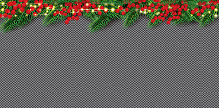 Christmas Border with Fir Branches and Red Holly Berries. Neon Garland with Yellow Lights. vector illustration. Merry Christmas and Happy New Year.のイラスト素材