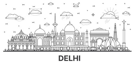 Outline Delhi India City Skyline with Historic Buildings Isolated on White. vector illustration. Delhi Cityscape with Landmarks.のイラスト素材