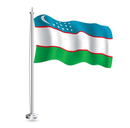 Uzbekistan Flag. Isolated Realistic Wave Flag of Uzbekistan Country on Flagpole. vector illustration.のイラスト素材