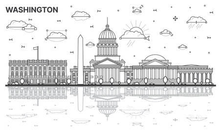 Outline Washington DC City Skyline with Historic Buildings and Reflections Isolated on White. vector illustration. Washington D.C. USA Cityscape with Landmarks.のイラスト素材