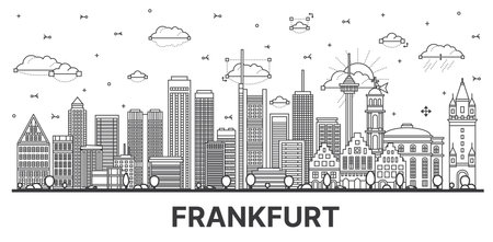 Outline Frankfurt Germany City Skyline with Modern Buildings Isolated on White. vector illustration. Frankfurt Cityscape with Landmarks.のイラスト素材