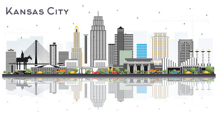 Kansas City Missouri Skyline with Color Buildings and Reflections Isolated on White. vector illustration. Tourism Concept with Modern Architecture. Kansas City Cityscape with Landmarks.のイラスト素材