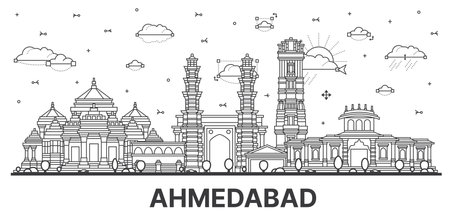 Outline Ahmedabad India City Skyline with Historic Buildings Isolated on White. vector illustration. Ahmedabad Cityscape with Landmarks.のイラスト素材
