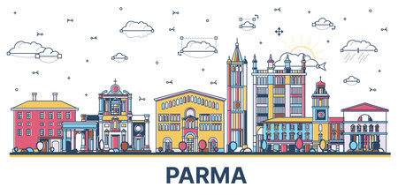 Outline Parma Italy City Skyline with Colored Historic Buildings Isolated on White. vector illustration. Parma Cityscape with Landmarks.のイラスト素材