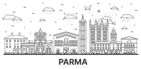 Outline Parma Italy City Skyline with Historic Buildings Isolated on White. vector illustration. Parma Cityscape with Landmarks.のイラスト素材
