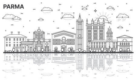 Outline Parma Italy City Skyline with Historic Buildings and Reflections Isolated on White. vector illustration. Parma Cityscape with Landmarks.のイラスト素材