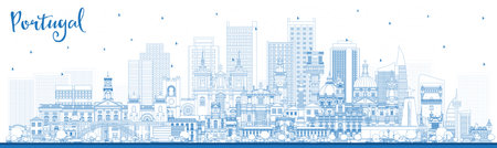 Portugal. Outline City Skyline with Blue Buildings. vector illustration. Concept with Modern and Historic Architecture. Portugal Cityscape with Landmarks. Porto and Lisbon.のイラスト素材