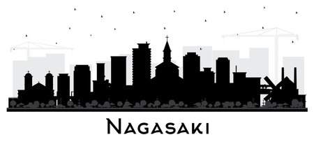 Nagasaki Japan City Skyline Silhouette with Black Buildings Isolated on White. vector illustration. Nagasaki Cityscape with Landmarks. Business Travel and Tourism Concept with Historic Architecture.のイラスト素材