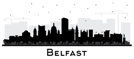 Belfast Northern Ireland City Skyline Silhouette with Black Buildings Isolated on White. vector illustration. Belfast Cityscape with Landmarks. Travel and Tourism Concept with Historic Architecture.のイラスト素材