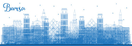 Outline Bursa Turkey City Skyline with Blue Buildings. vector illustration. Business Travel and Concept with Historic Architecture. Bursa Cityscape with Landmarks.のイラスト素材