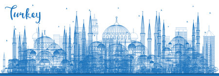Outline Turkey City Skyline with Blue Buildings. vector illustration. Tourism Concept with Historic Architecture. Turkey Cityscape with Landmarks. Izmir. Ankara. Istanbul.のイラスト素材