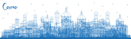 Outline Como Italy City Skyline with Blue Buildings. vector illustration. Business Travel and Concept with Historic Architecture. Como Cityscape with Landmarks.のイラスト素材