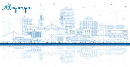 Outline Albuquerque New Mexico City Skyline with Blue Buildings and Reflections. vector illustration. Albuquerque USA Cityscape with Landmarks. Travel and Tourism Concept with Modern Architecture.のイラスト素材