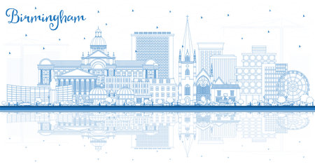 Outline Birmingham UK City Skyline with Blue Buildings and Reflections. vector illustration. Birmingham Cityscape with Landmarks. Business Travel and Tourism Concept with Historic Architecture.のイラスト素材