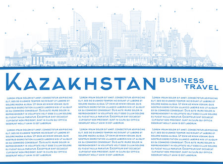 Outline Kazakhstan City Skyline with Blue Buildings and Copy Space. vector illustration. Concept with Modern Architecture. Kazakhstan Cityscape with Landmarks. Nur-Sultan and Almaty.のイラスト素材