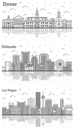 Outline Orlando Florida, Dover Delaware and Las Vegas Nevada City Skyline Set with Historic Buildings and Reflections Isolated on White. Cityscape with Landmarks.の写真素材