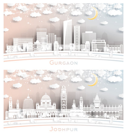 Jodhpur and Gurgaon India City Skyline Set in Paper Cut Style with White Buildings, Moon and Neon Garland. vector illustration. Travel and Tourism Concept. Cityscape with Landmarks.の写真素材